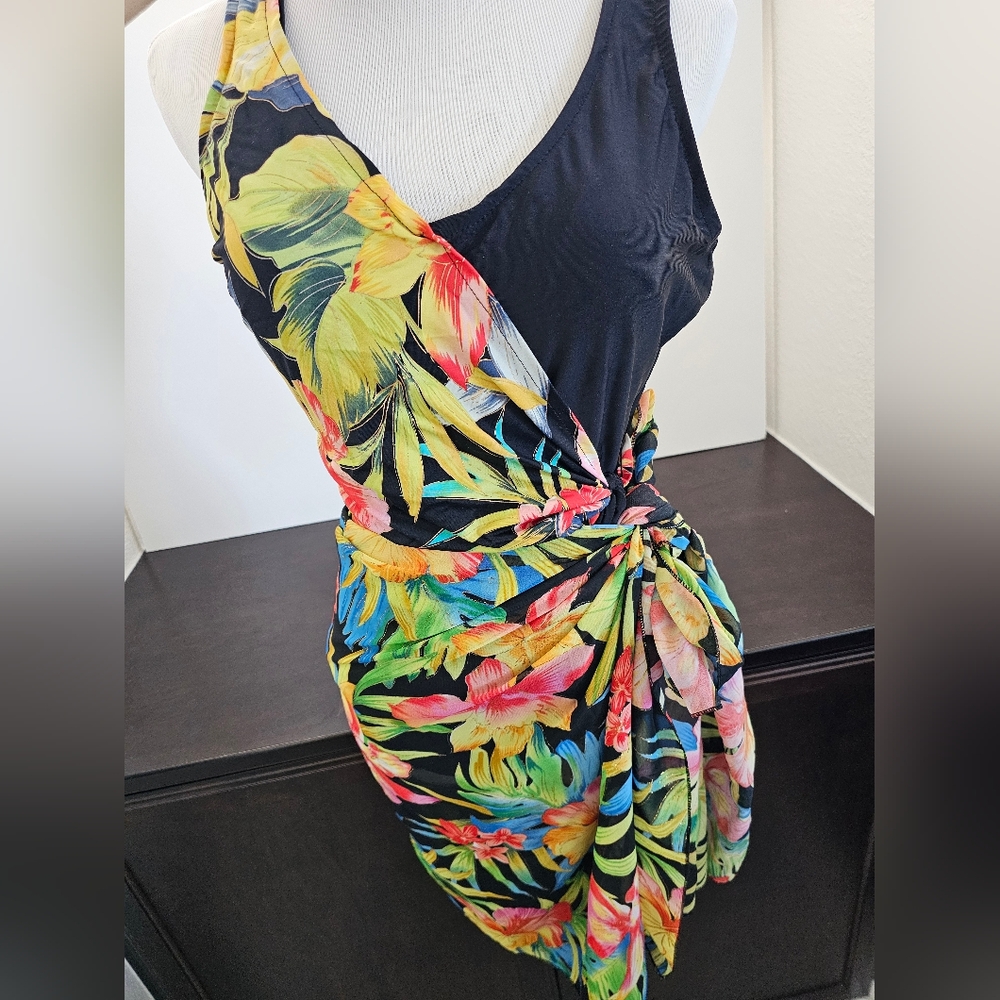 YBL Tropical Floral Wrap One-Piece Swimsuit & Matching Sarong Set - Size 8